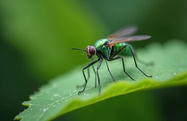 Macro photo of Austrosciapus connexus, long-legged fly, on green leaf. Detailed insect portrait, vibrant green, black colors, sharp focus on eye. Wildlife, nature, entomology subject with blurred
