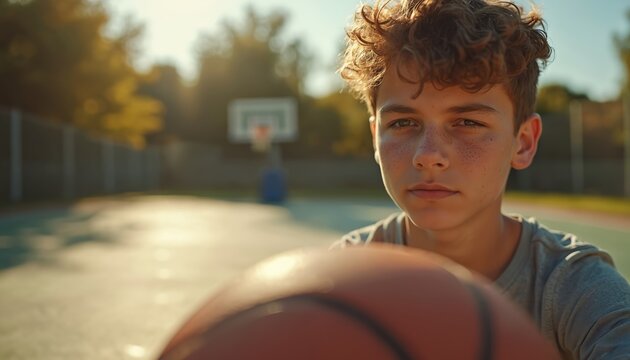 Teenage boy focused on basketball court. Athlete holds ball, looks directly at viewer. Afternoon sunlight highlights determination. Concept healthy lifestyle sport activity.