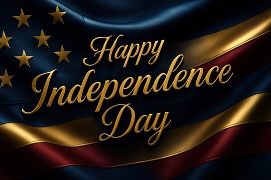 “Happy Independence Day” in elegant metallic gold script on a dark navy background with layered American flag elements, rich patriotic tone and dramatic style.

