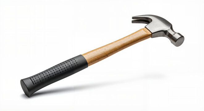 Hammer with wooden handle and rubber grip on white background   - Powered by Adobe