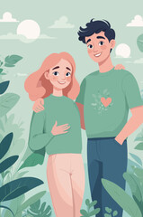 Obraz premium A young couple smiling at each other in green outfits, surrounded by plants symbolizing love