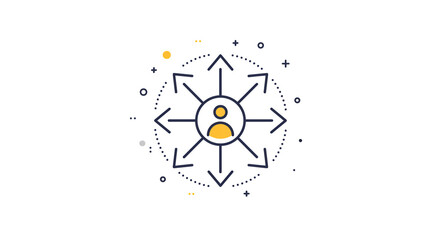 Illustration of a person icon with arrows pointing outwards surrounded by dotted circle elements