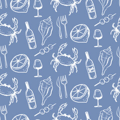 Sea food vacation seamless pattern. Wine, crab, seashells and lemon hand drawn illustration. Design for textile, paper wrap restaurant and menu