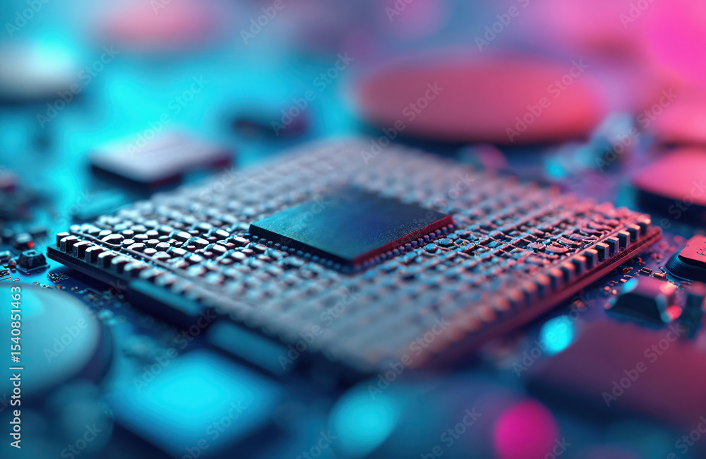 Aufkleber Close-up of semiconductor wafer, silicon disk with processor microchip, central processing unit. Digital tech innovation concept with colorful square chips. Modern tech, futuristic design.
