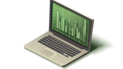 Digital illustration of a laptop displaying a green graph interface on a gray surface.