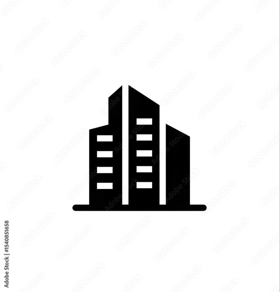 Poster a minimalist black and white icon depicting a stylized building with multiple floors and a flat base
