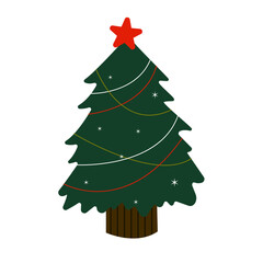 Decorated Christmas tree with star top, growing in ot, isolated on white