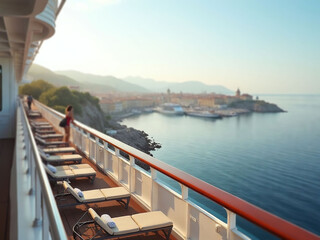 Obraz premium Upper deck view of MSC Divina overlooking Civitavecchia's historic harbor under warm afternoon light, passengers relaxing in luxury.