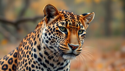 Obraz premium Poster with a leopard against the background of autumn nature. Fashionable animal prints