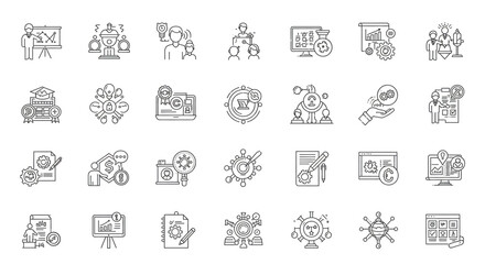 A collection of line art icons representing business concepts and strategic planning elements in black and white