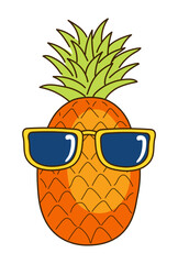 Pineapple with sunglasses hand drawn illustration, isolated vector. Line art style design. Summer clip art, seasonal element, print. Tropical fruit, exotic food, funny cartoon character, symbol