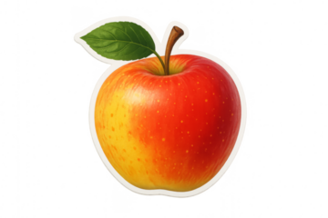 Red and yellow apple with leaf on transparent background