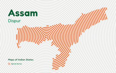 Spiral Line Map of Assam with Capital Dispur – Tea and Oil Region of India