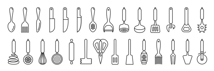 Kitchenware icon set. Black line vector kitchen utensils, tools and cutlery. Whisk, slotted spoon, scissors, ladle and spatula. Sieve, knife, spoon, fork, peeler and opener