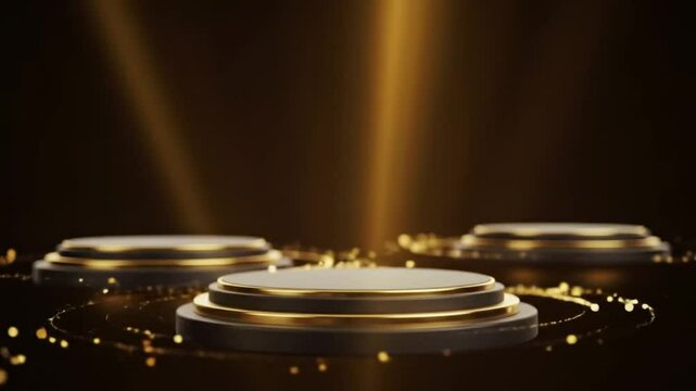 An empty stage with several pedestals arranged in a semi-circle, under a dramatic, wide golden spotlight from above. Ideal for a game show, competition, awards ceremony, or multi-product showcase.


