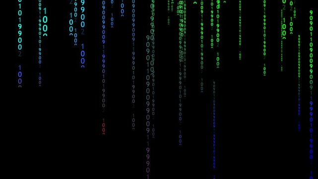 Dynamic and colorful binary code rain flowing down on black background