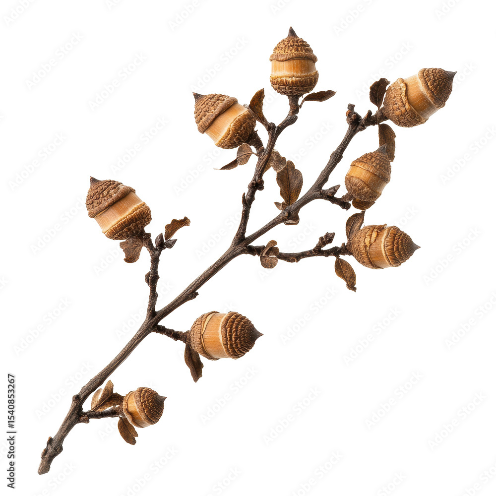 Poster branch with acorns isolated on transparent background showcasing natural textures and shapes, twig w