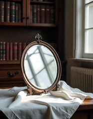 Mirror on the table in a beautiful vintage frame. Taking care of yourself. Beauty. State of mind. Books on the shelves. Devastation. Mirror of the soul