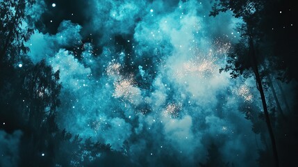 Fototapeta premium Explosions of vivid aquamarine and steel-gray fireworks scattering in chaotic patterns