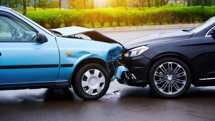 Front-end collision between two cars on wet road, traffic accident, vehicle damage, road safety, insurance