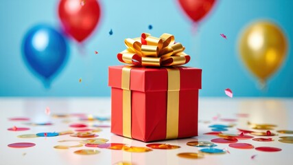 Red gift box with golden ribbon surrounded by balloons and confetti, celebration, birthday party, festive surprise