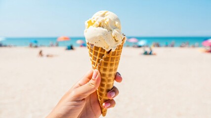 Hand holding vanilla ice cream cone on sunny beach, summer dessert, seaside vacation, seasonal treat, heat refreshment