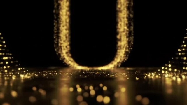 A luxurious background featuring a grand arch or "U" shape made of shimmering golden particles on a reflective floor. This opulent and abstract design is perfect for elegant titles, events, or logos.
