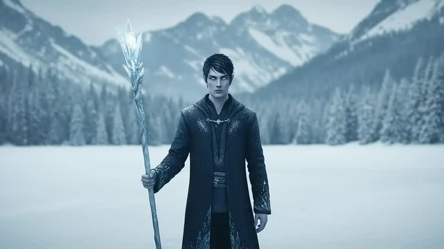 Young man with ice staff in snowy mountain landscape - Powered by Adobe