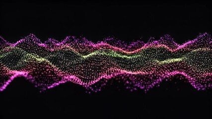 Animated Colorful Particle Wave Forming Against Black Background Showing Dynamic Motion and Futuristic Technological Visualization - Powered by Adobe