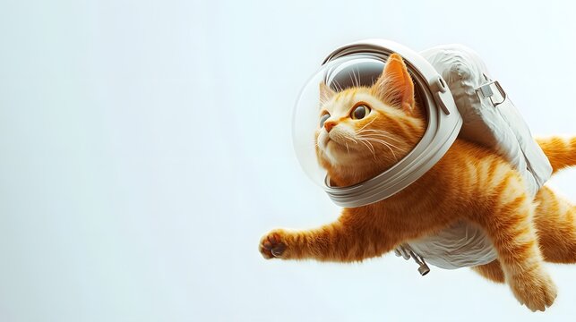 Digital illustration of a surprised orange tabby cat wearing a spacesuit mid-air against a white background. - Powered by Adobe