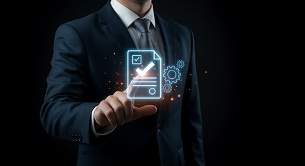 Businessman Dark Suit Interacting Digital Document Approval Process Automation Interface