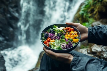 Person holding a bowl of colorful salad while sitting