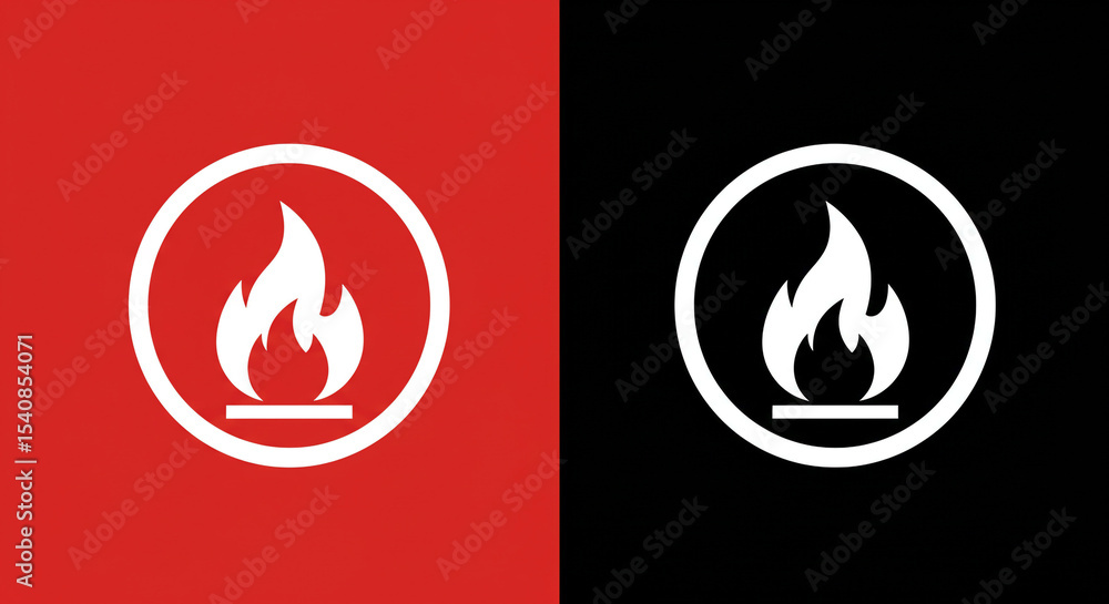 Aufkleber a split image showing a white fire icon on a red background and a black background circle icon