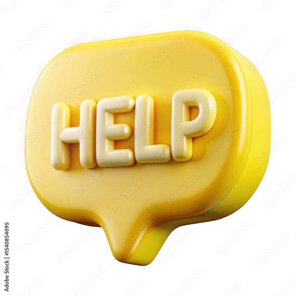 Poster 3d rendered yellow help speech bubble with white text isolated on transparent background