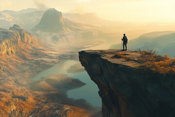 Adventurous trekker standing boldly on a cliff’s edge with vast valley views