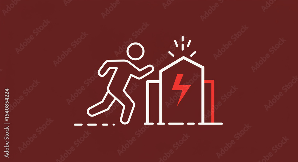Poster a stylized icon depicting a person running away from a building with a lightning bolt symbol on it