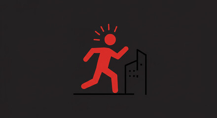 A red stick figure running away from buildings on a dark background with light rays above head
