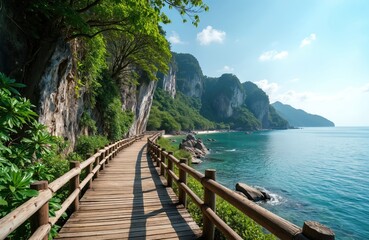 Obraz premium Wooden walkway along shore. Scenic view of blue ocean, cliffs, tropical vegetation. Picturesque landscape with sun, sky, sea, rocks. Vacation destination, paradise, travel, nature, outdoor activity.