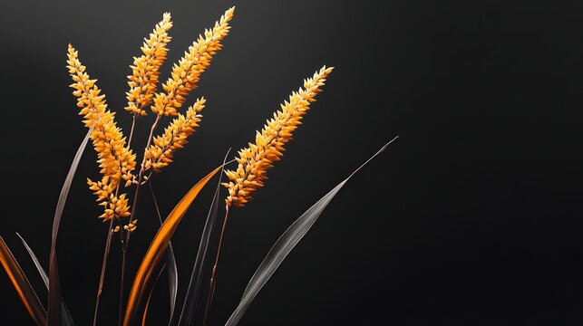 Photograph of golden grass stalks against a dark background, showcasing intricate textures and linear forms.