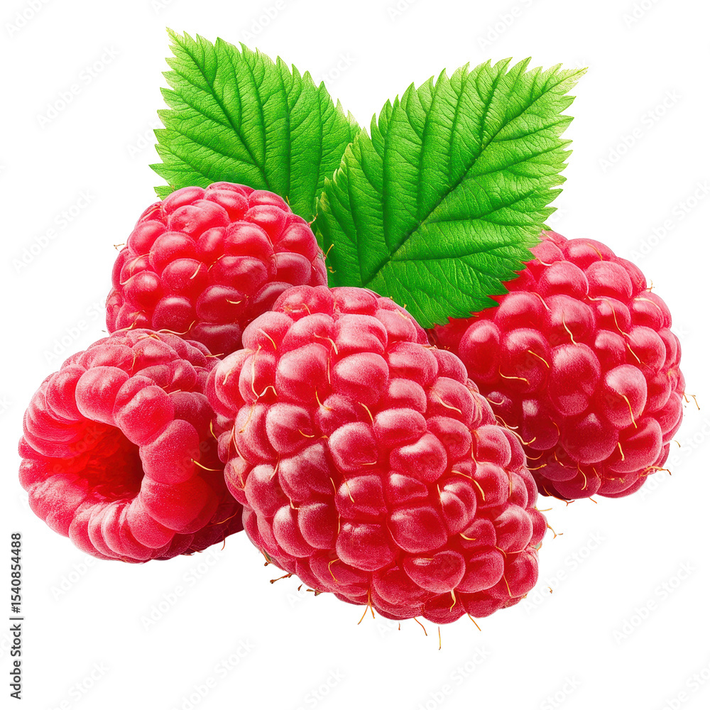 Poster fresh raspberry with vibrant green leaves isolated on transparent background for culinary use, raspb