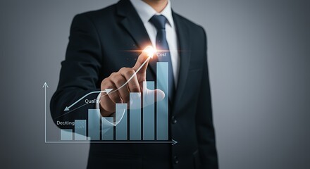 Businessman in dark suit points at rising cost graph showing improved quality and declining costs
