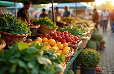 Farmers market with fresh seasonal vegetables, fruits. Baskets of oranges, strawberries, produce. Fresh local food on display. Healthy eating, organic produce, eco-friendly lifestyle, farm-to-table