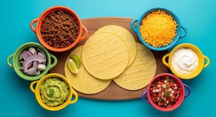Flat lay of a taco night with all the components laid out. A wooden board in the center with corn tortillas, and around it, colorful ceramic bowls containing ground beef, shredded cheese, pico de gall