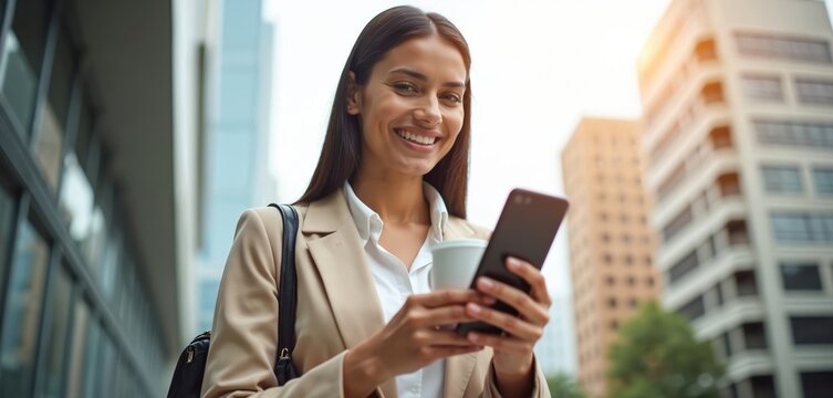 Smiling businesswoman in urban environment, browses phone. Female employee checks mobile smartphone for communication or reads news. Happy woman with coffee walks at street.