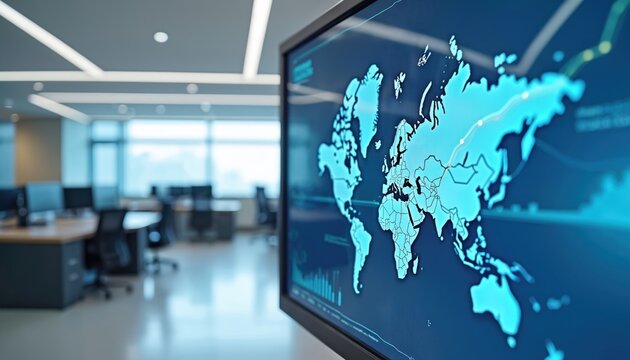 Global distribution map displayed on screen pharmaceutical logistics office. Concept tech, world, cyberspace, communication, digital, information, media, connection. Worldwide network, finance, web,
