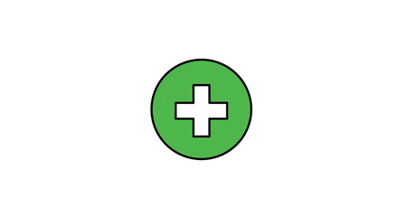 Obraz premium A green circle with a black outline containing a white plus sign centered on a white background space