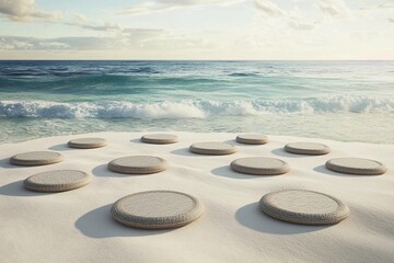 Group meditation by the ocean on soft sandy beach mats