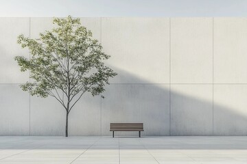 Empty urban plaza featuring a lone bench shaded in the open space