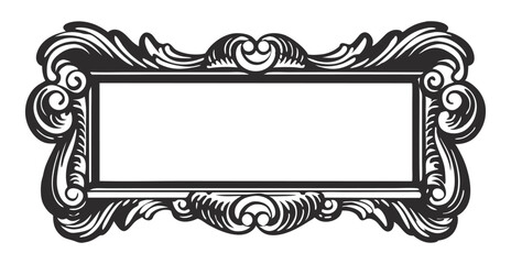 Horizontal rectangular line art frame with vintage swirls, scrolls, flourishes, decorative border elements. Suitable for packaging, labels, invitations, print or engraving design