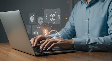 Businessman using laptop financial analysis charts graphs data growth